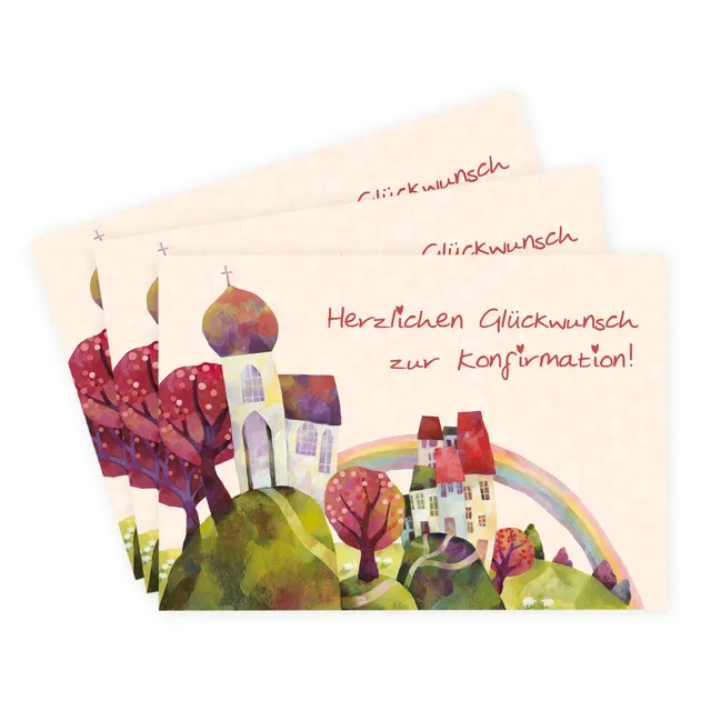 gr-tz-verlag-3er-set-konfirmationskarten-kirche-mit-regenbogen-und-baum-gl-ckwun image 1