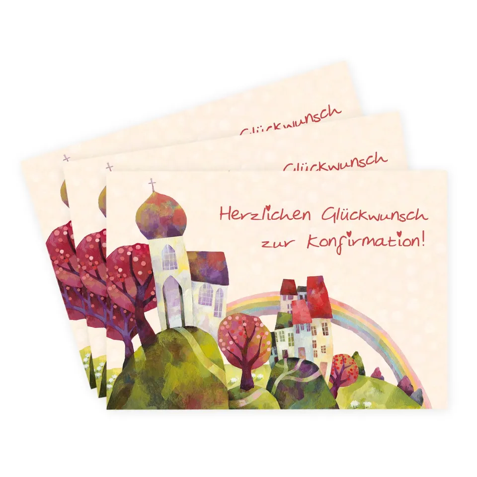 gr-tz-verlag-3er-set-konfirmationskarten-kirche-mit-regenbogen-und-baum-gl-ckwun image 1