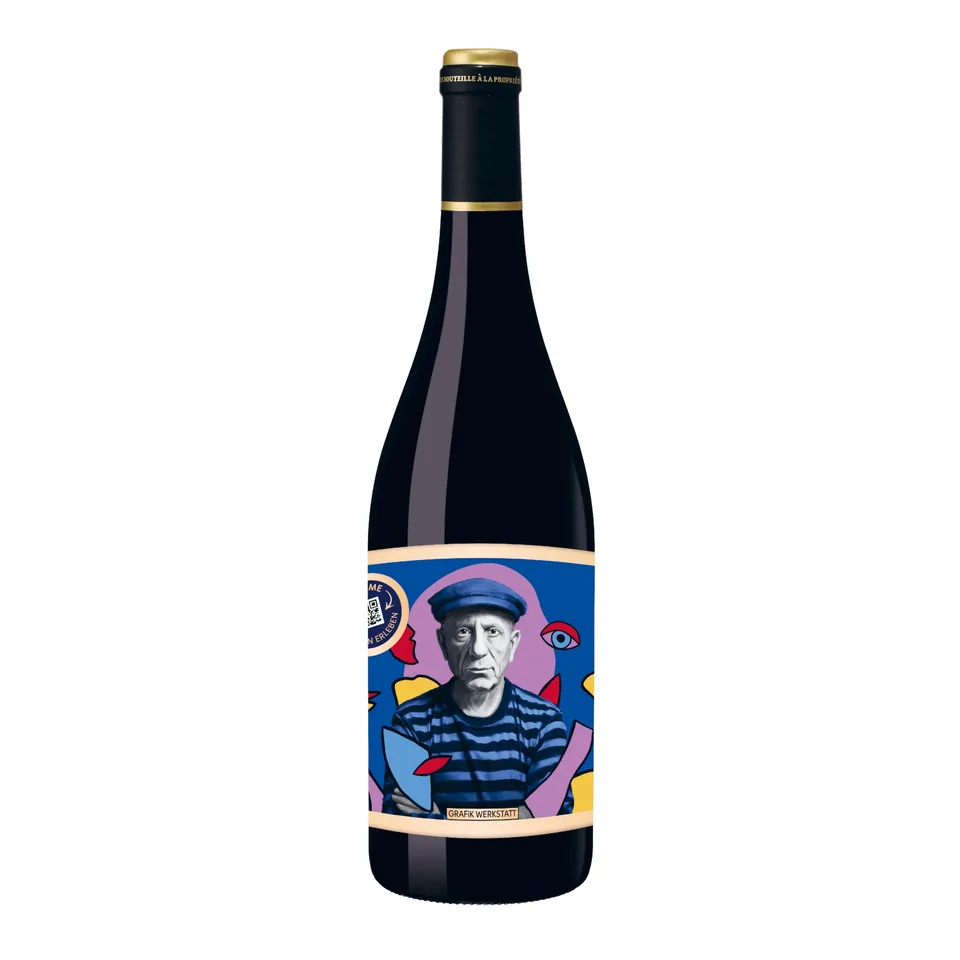 grafik-werkstatt-pablo-picasso-rotwein-weinflasche-merlot-genuss-design image 1