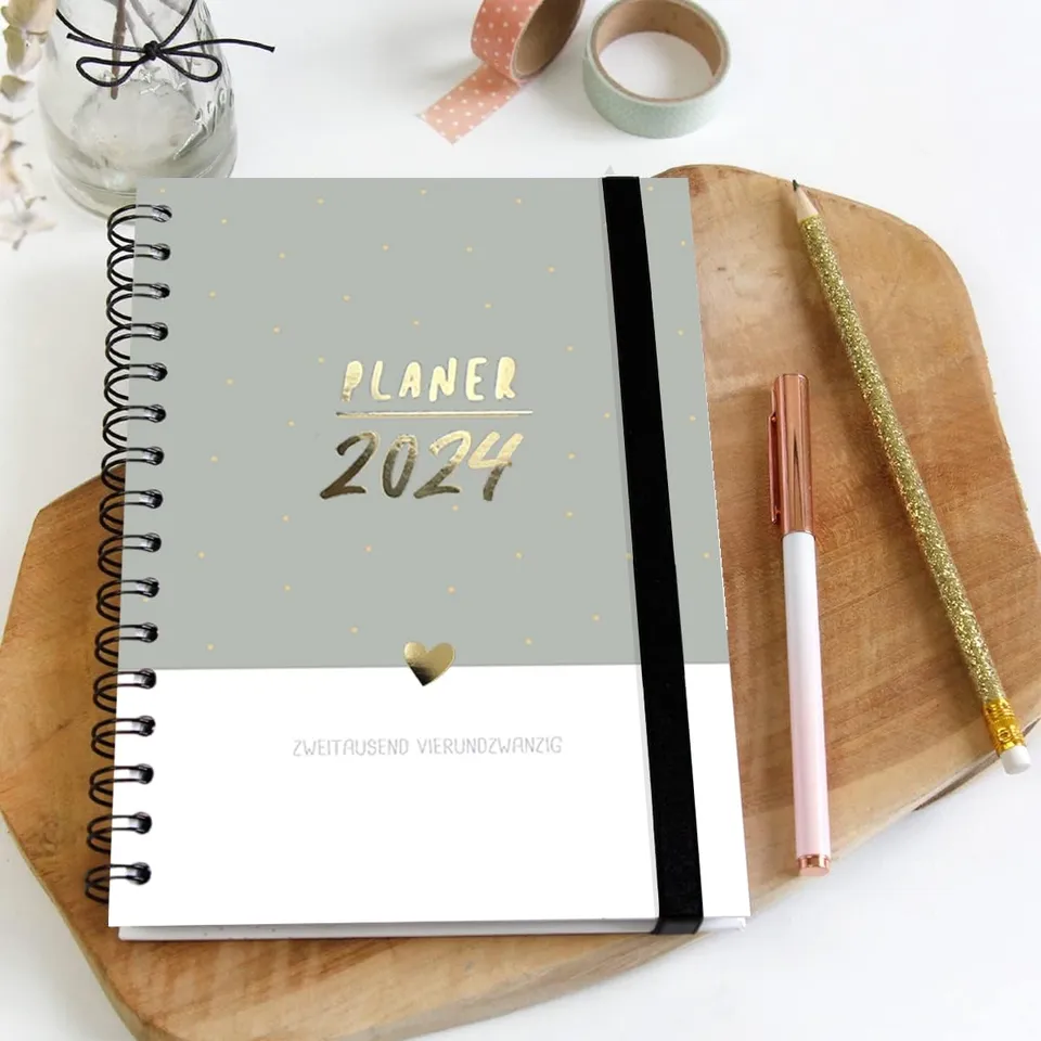 gr-tz-verlag-kalender-2024-buchkalender-a5-1-woche-2-seiten-ringbuch-gold image 1