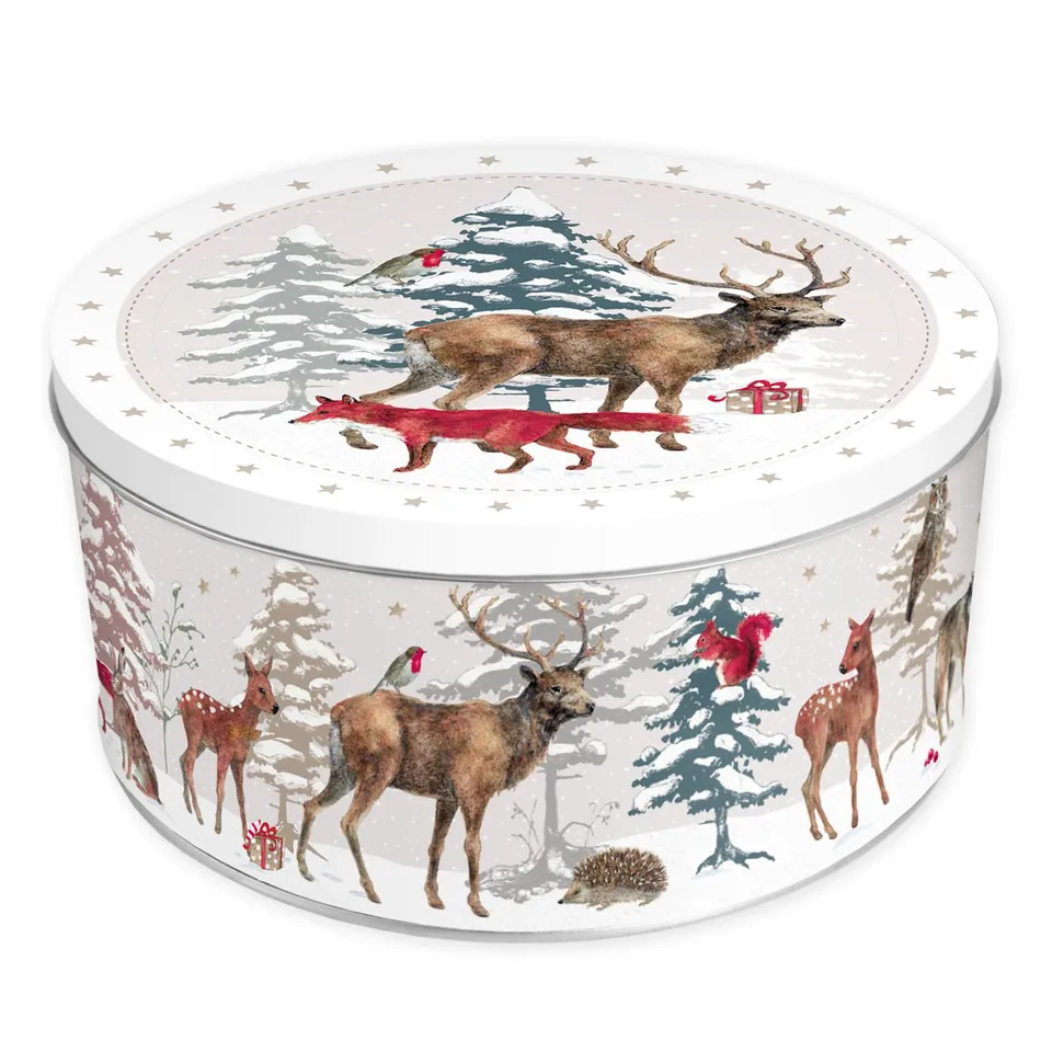 gr-tz-verlag-keksdose-retro-weihnachtswald-runde-blechdose-rot image 1